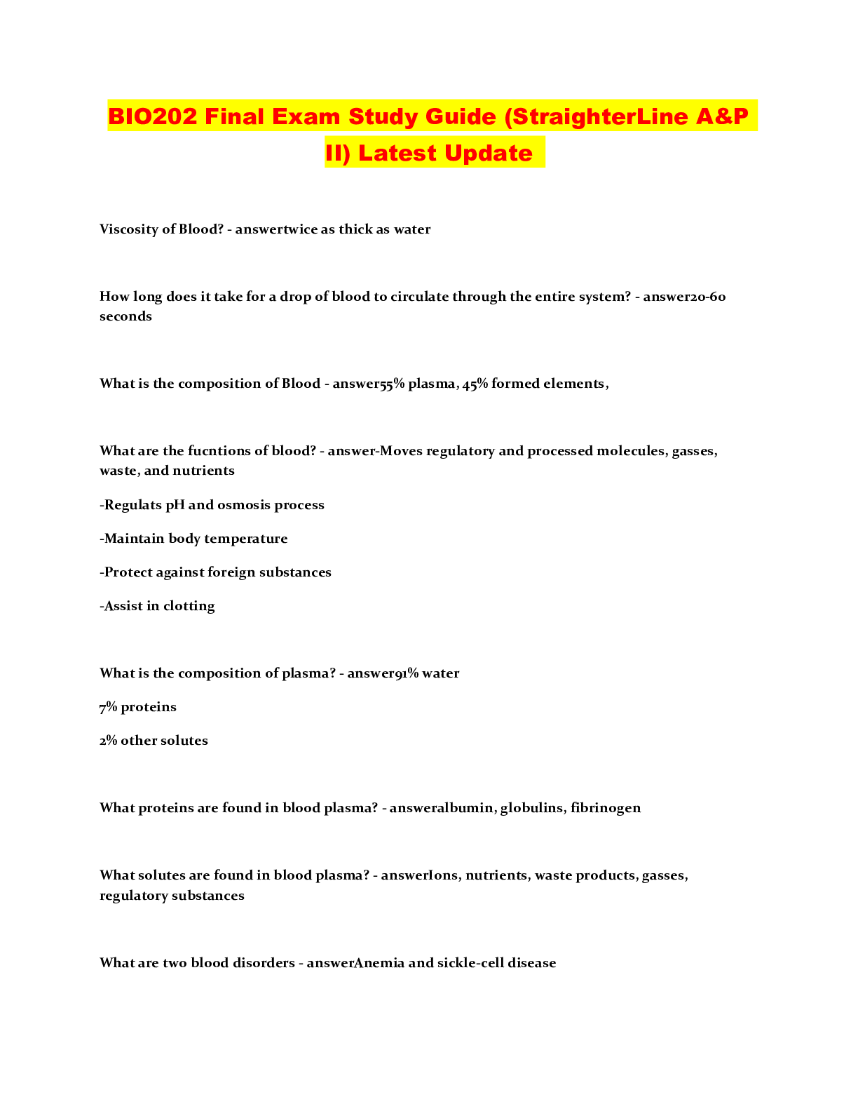 Preview image of BIO202 Final Exam Study Guide (StraighterLine A&P II) Latest Update document